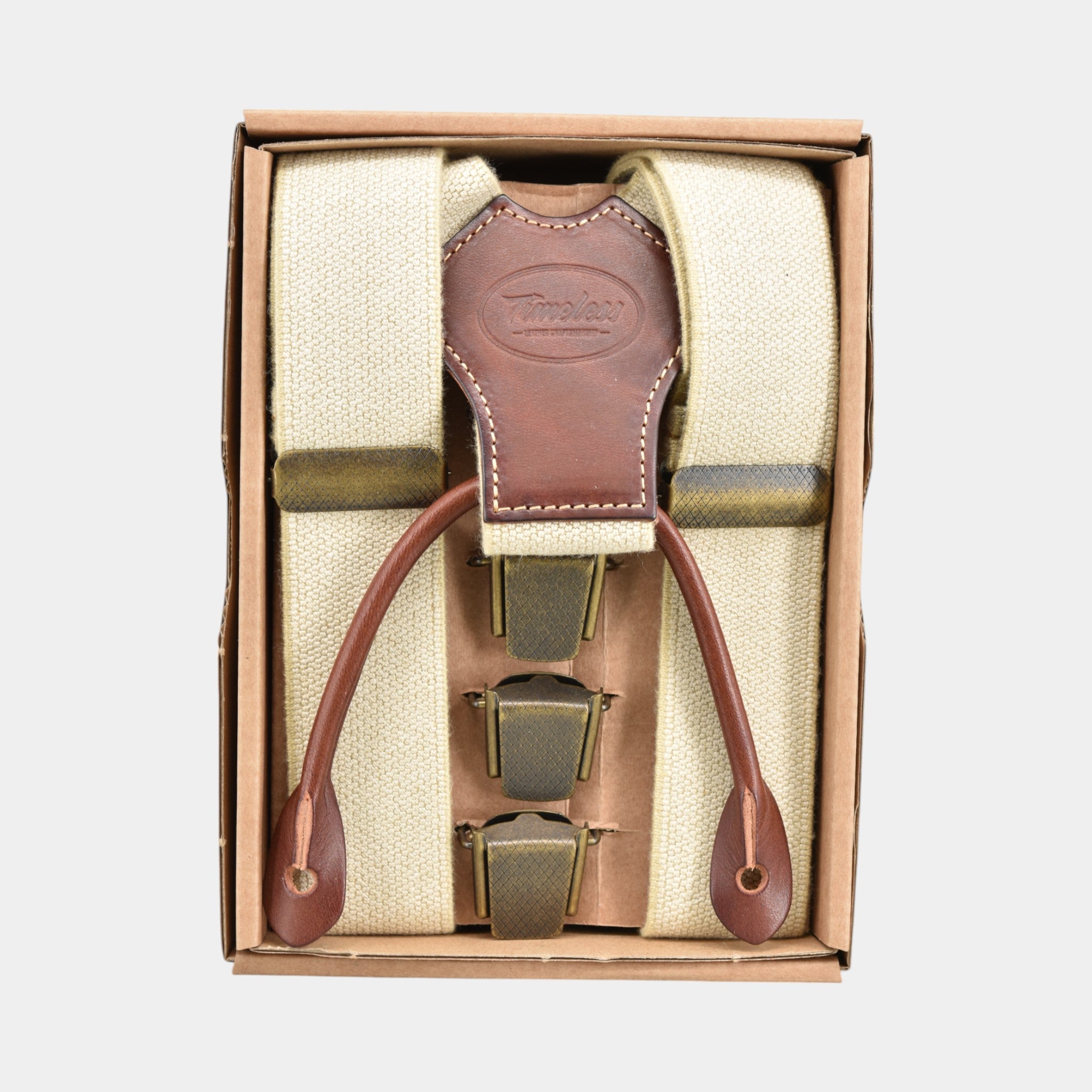 Vintage Hosenträger mit weißem Band und braunem Leder